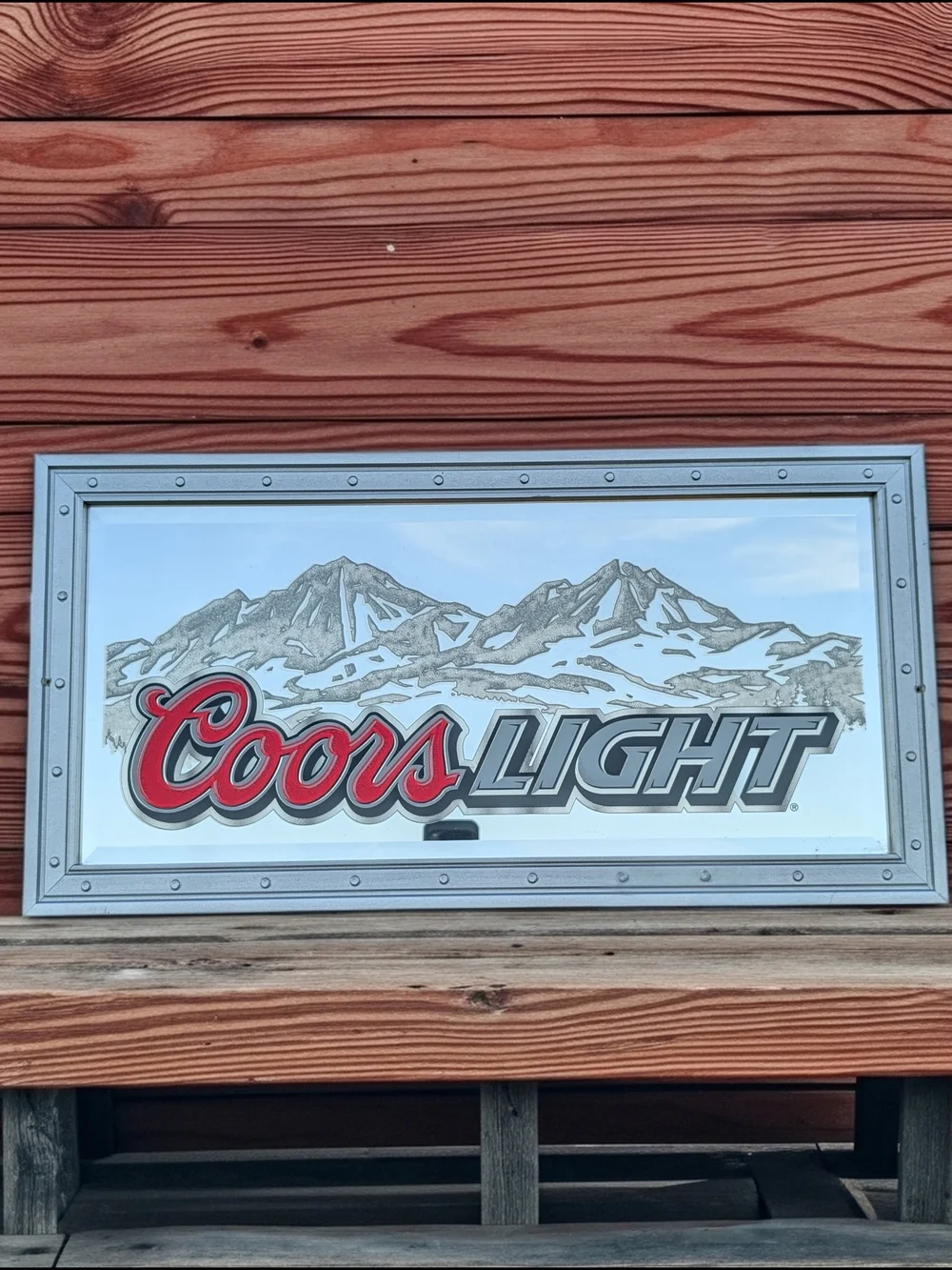 Vintage Coors Light Beer Mirror Sign With Etched Glass Mountains 27.5